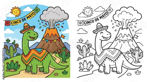 Cinco De Mayo Happy Dinosaur Wearing Sombrero Coloring Page Cartoon