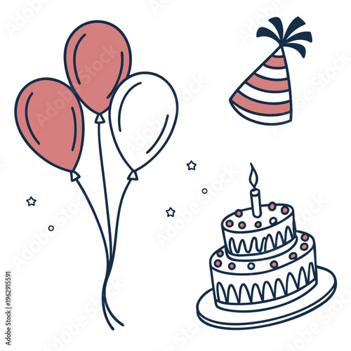 A birthday cake with balloons and a party hat