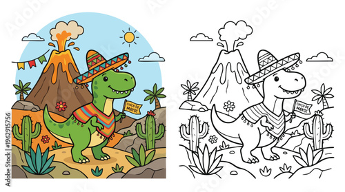 Cinco De Mayo Dinosaur with Sombrero Coloring Page and Colored Version