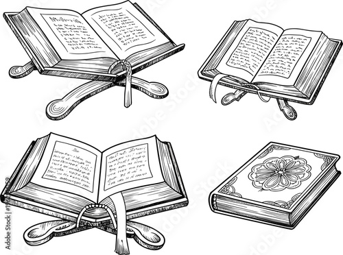 Antique book vector sketch set with open manuscripts on wooden stands and decorative leather cover