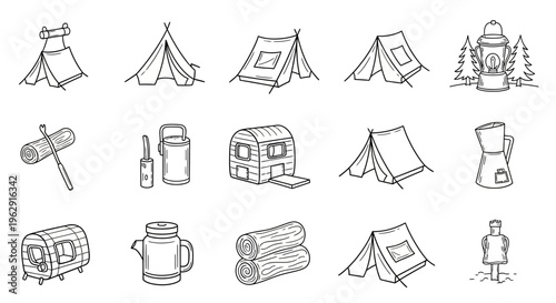 Camping icons set, hand drawn doodle vector illustration, collection of outdoor camping elements including tent, campfire, backpack, lantern, compass, trees, mountains, sleeping bag, boots, map, mug, 