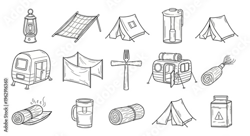Camping icons set, hand drawn doodle vector illustration, collection of outdoor camping elements including tent, campfire, backpack, lantern, compass, trees, mountains, sleeping bag, boots, map, mug, 