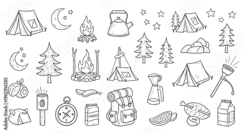 Hand drawn camping doodle icons set, playful sketch style vector illustration, various camping gear and outdoor symbols such as tent, bonfire, kettle, flashlight, trees, stars, moon, backpack, compass