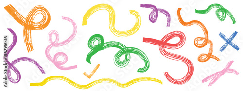  Collection colorful bold curved lines with loops isolated on white. Hand drawn bold grunge wavy and swirled brush strokes. Simple childish vector scribbles and squiggles. Creative trendy style design
