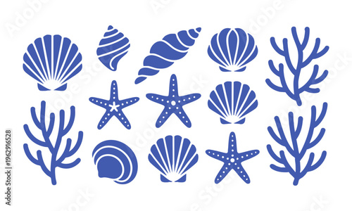 Marine shell and coral line art set for coastal design vector.