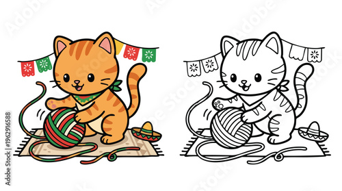 Cinco De Mayo Kitty Coloring Page Adorable Cat Playing with Yarn