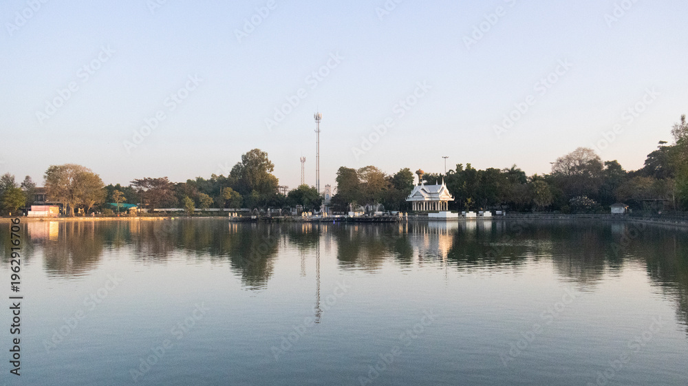 Obraz premium View landscape of Landmarks destinations for exercise workout of thai people fitness enthusiast walk run in Somdet Phra Srinagarindra Park or Suan Somdet Ya Garden at Pak Kret in Nonthaburi, Thailand