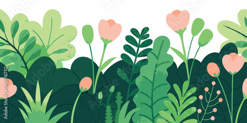 Stylized floral arrangement with green foliage and delicate pink blooms