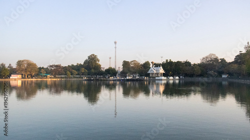 View landscape of Landmarks destinations for exercise workout of thai people fitness enthusiast walk run in Somdet Phra Srinagarindra Park or Suan Somdet Ya Garden at Pak Kret in Nonthaburi, Thailand