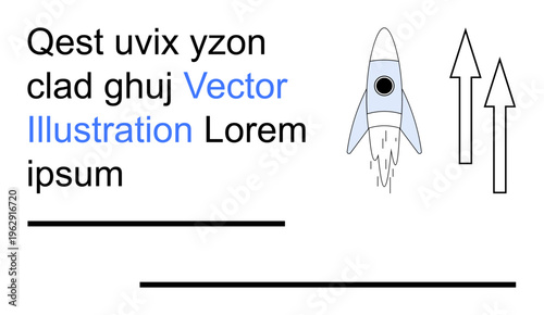 Technology advancement, startups, innovation, progress, education, business strategy. Rocket with upward arrows and placeholder text. Technology advancement and startups concept