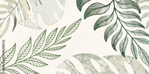 Stylized tropical leaves in a botanical illustration with a soft palette