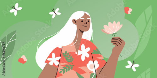 Stylized illustration of a woman with a flower in a vibrant setting