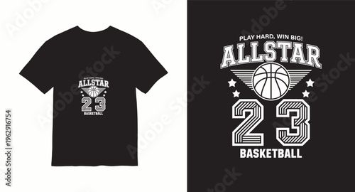 Basketball allstar 23 t-shirt design with ball and wings, play hard win big motto