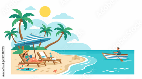 Tropical Beach Vacation Vector Illustration with Woman Reading on Lounge Chair under Umbrella and Man Rowing Boat in Calm Ocean under Bright Sunny Sky Scene.