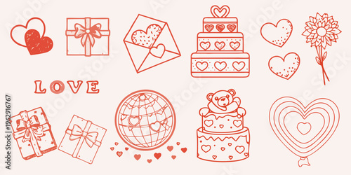 A collection of hand drawn red love themed illustrations and gift items