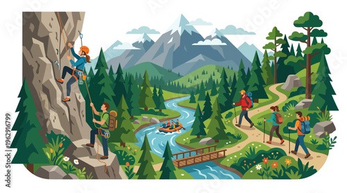 Flat Vector Illustration of Outdoor Adventure Activities with People Hiking on a Trail, Rock Climbing a Cliff, and Rafting Down a Winding River in a Mountain.