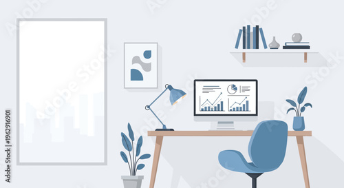 Modern Minimalist Office Workspace Illustration with Computer Showing Data Analytics and Financial Charts on a Wooden Desk