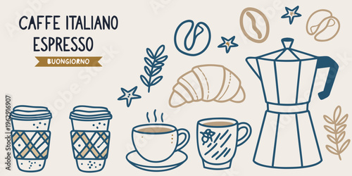 Italian coffee illustration featuring espresso croissants and brewing equipment