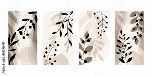 Four vertical panels featuring abstract botanical designs in neutral tones