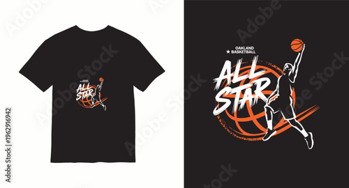 Oakland basketball all star t-shirt design with dynamic player and grunge texture