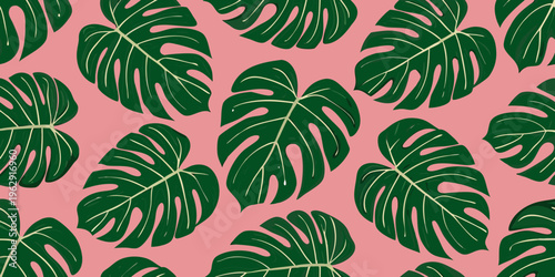 A seamless pattern of vibrant green monstera leaves on pink
