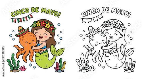 Cinco De Mayo Mermaid and Octopus Coloring Page with Mexican Sombrero