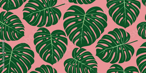 Seamless pattern of vibrant green monstera leaves on a pink background