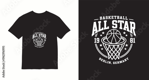 Basketball all star 1981 Berlin Germany t-shirt design with hoop and ball emblem