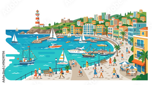 Vibrant Vector Illustration of a Busy Mediterranean Harbor with a Lighthouse, Colorful Coastal Buildings, Sailboats, and People Walking on a Sunny Promenade.