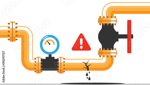 burst oil pipe with oil leaking out with warning sign.