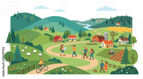 Flat Vector Illustration of a Beautiful Rural Landscape Featuring People Hiking, Cycling, and Enjoying Outdoor Activities in a Scenic Countryside with Farms.