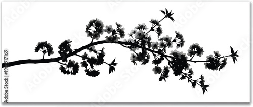 Black Silhouette Tree Branch with Leaves on White Background