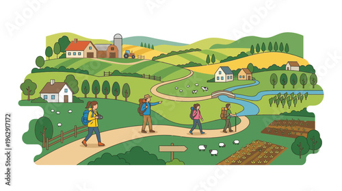 Vector illustration of hikers walking on a winding path through a scenic rural countryside landscape with green rolling hills, farms, houses, and farm animals.
