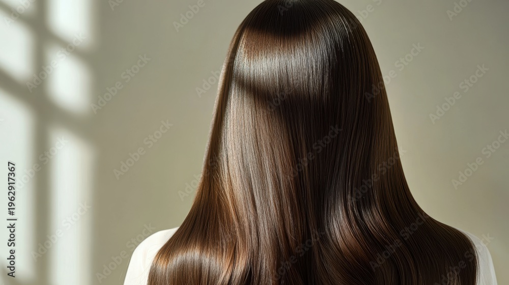 Fototapeta premium Beautiful model girl with Brown hair strand,silky healthy chestnut wavy hair strand,hair wavy ribbon, with smooth,Keratin straightening,Treatment,straight long hair,procedures,Smooth hairstyle.