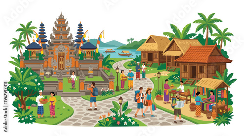 Vibrant Illustration of a Traditional Balinese Village Featuring a Hindu Temple, Local People in Traditional Dress, Tourists, Markets, and Lush Tropical Plants.