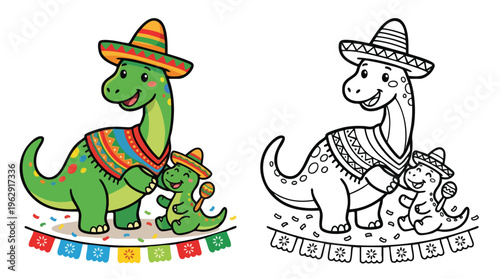 Cinco De Mayo Dinosaur Coloring Page with Papel Picado Confetti