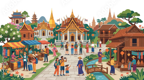 Colorful Vector Illustration of a Traditional Thai Cultural Village Featuring Majestic Golden Temples, Busy Street Markets, Local Vendors, and Diverse Tourists.
