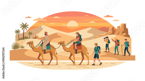 Tourists riding camels in the desert at sunset vector illustration. People hiking and taking photos in dunes with palm trees and a bright sun in the background.