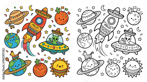 Cinco De Mayo Space Adventure Alien Spaceship Planets Sombrero Cartoon Illustration Set