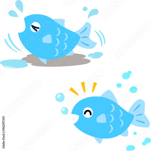 水中の魚と陸に打ち上げられた魚のキャラクター