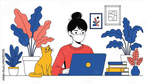 Remote Work Illustration Young Woman Wearing Medical Mask, Working on Laptop at Home with a Yellow Cat in a Bright Modern Setting.