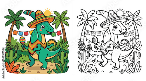 Cinco De Mayo Dinosaur Coloring Page with Sombrero and Maraca