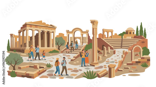 Flat Vector Illustration of Diverse Tourists and Families Exploring Ancient Greek Roman Archaeological Ruins with Temples Amphitheaters and Historic Columns.