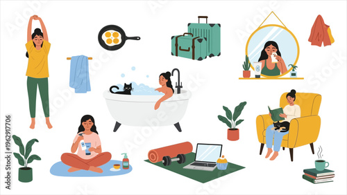 Self-Care Illustration Women Enjoying Leisure Time – Relaxing Bath, Skincare, Hobbies, Reading, and Personal Daily Routine – Flat Cartoon Vector