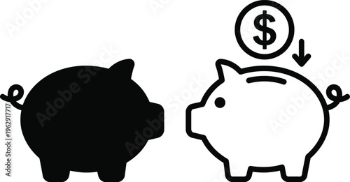 Black and white piggy bank illustration with coin insertion