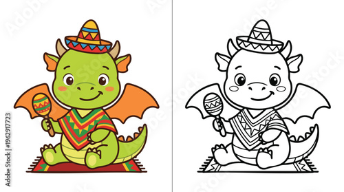 Cinco De Mayo Dragon Coloring Page with Sombrero and Maraca