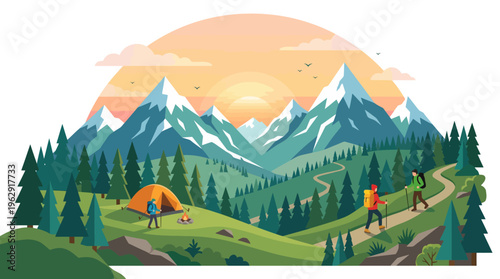 Beautiful vector illustration of a mountain landscape with hikers trekking on a trail near a campsite with a tent and campfire under a vibrant orange sunset sky.