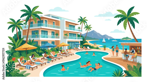 Flat vector illustration of a luxury tropical beach resort with a modern hotel, swimming pool, people relaxing on sunbeds, a beach bar, and palm trees scene.
