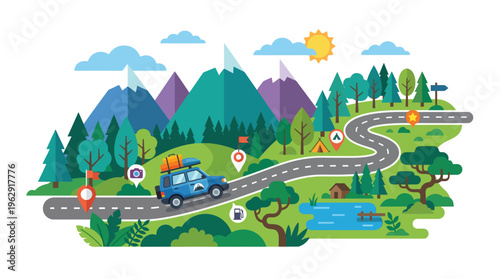 Colorful Flat Vector Illustration of a Blue SUV on a Winding Mountain Road Trip with Forest, Lake, and Map Pin Icons for Adventure and Vacation Planning.