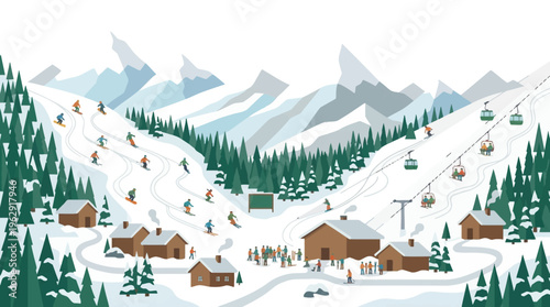 Flat vector illustration of a vibrant ski resort with snow-capped mountains, pine trees, skiers on slopes, chairlifts, gondolas, and cozy wooden chalets in winter.